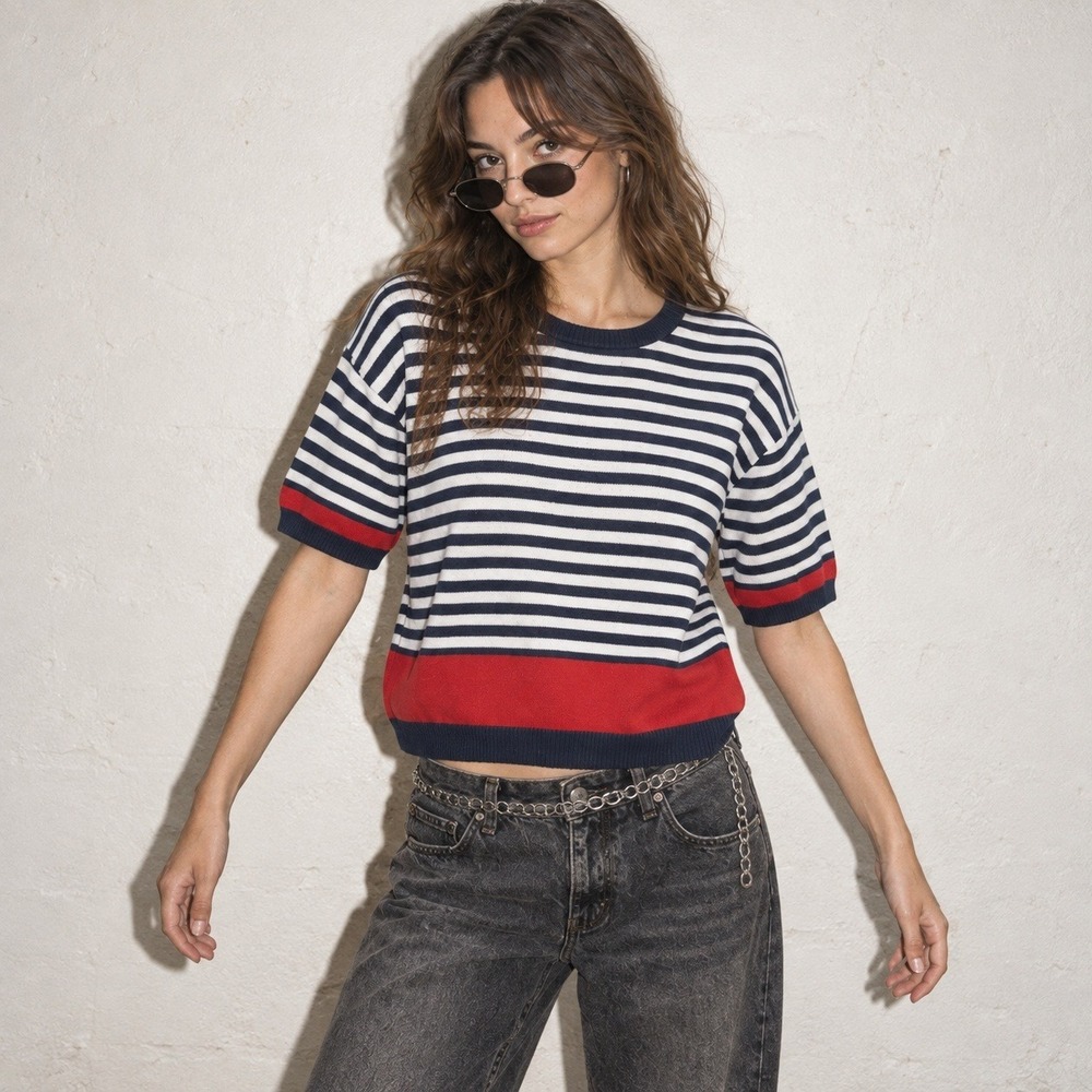 Vintage 80s Silver Unicorn Striped Cotton Knit Sweater Top L 13/15